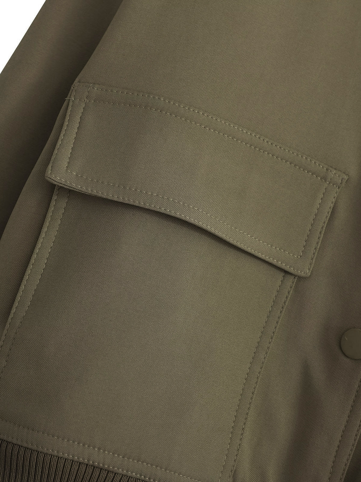 Militärstil–Khaki–Jacke–lässig–boxy-Passform–strukturiert–funktional–trendy.