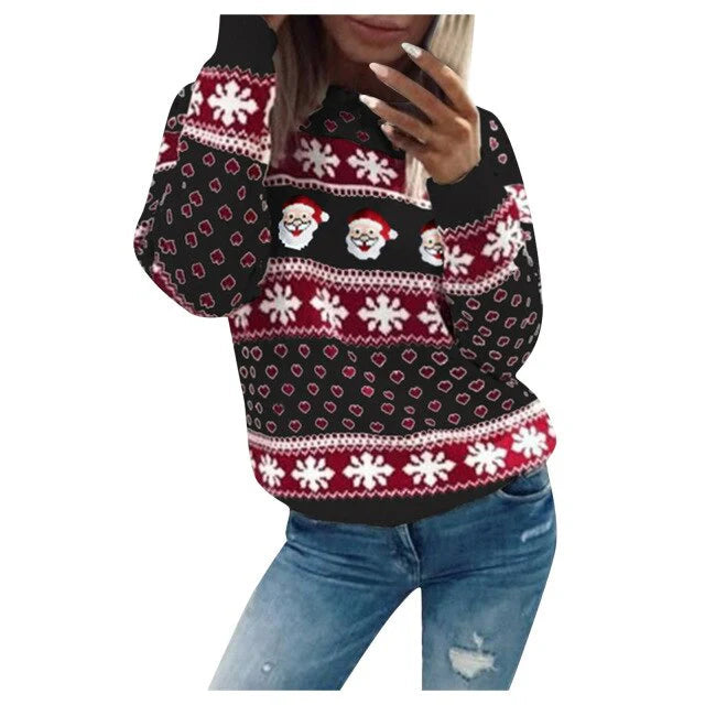 Weihnachts-Hoodie–schwarz–rot–weiß–Muster–Schneeflocken–Weihnachtsmann–bequem–lässig