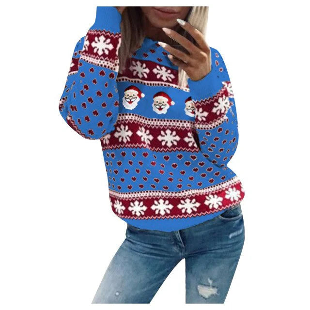Weihnachts-Hoodie–schwarz–rot–weiß–Muster–Schneeflocken–Weihnachtsmann–bequem–lässig