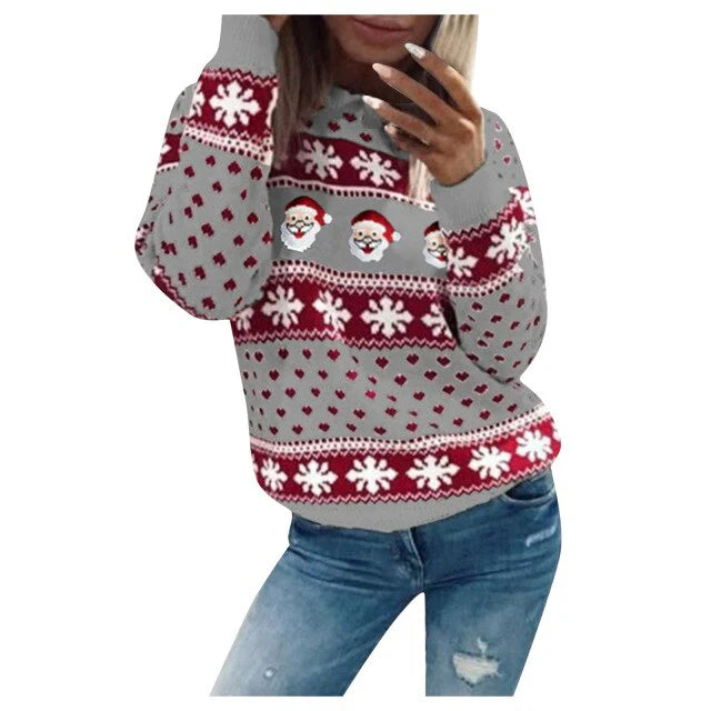 Weihnachts-Hoodie–schwarz–rot–weiß–Muster–Schneeflocken–Weihnachtsmann–bequem–lässig
