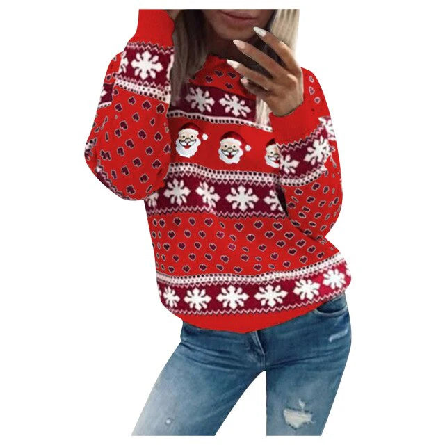 Weihnachts-Hoodie–schwarz–rot–weiß–Muster–Schneeflocken–Weihnachtsmann–bequem–lässig