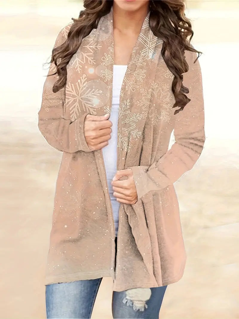 Lila–Weihnachts–Cardigan–Schneeflocken–Muster–bequem–festlich–lässig