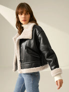 damen-shearling-jacke-mit-leder-klassischer-schnitt damen-shearling-jacke-vorderansicht-warme-fütterung