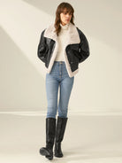 damen-shearling-jacke-mit-leder-klassischer-schnitt damen-shearling-jacke-vorderansicht-warme-fütterung