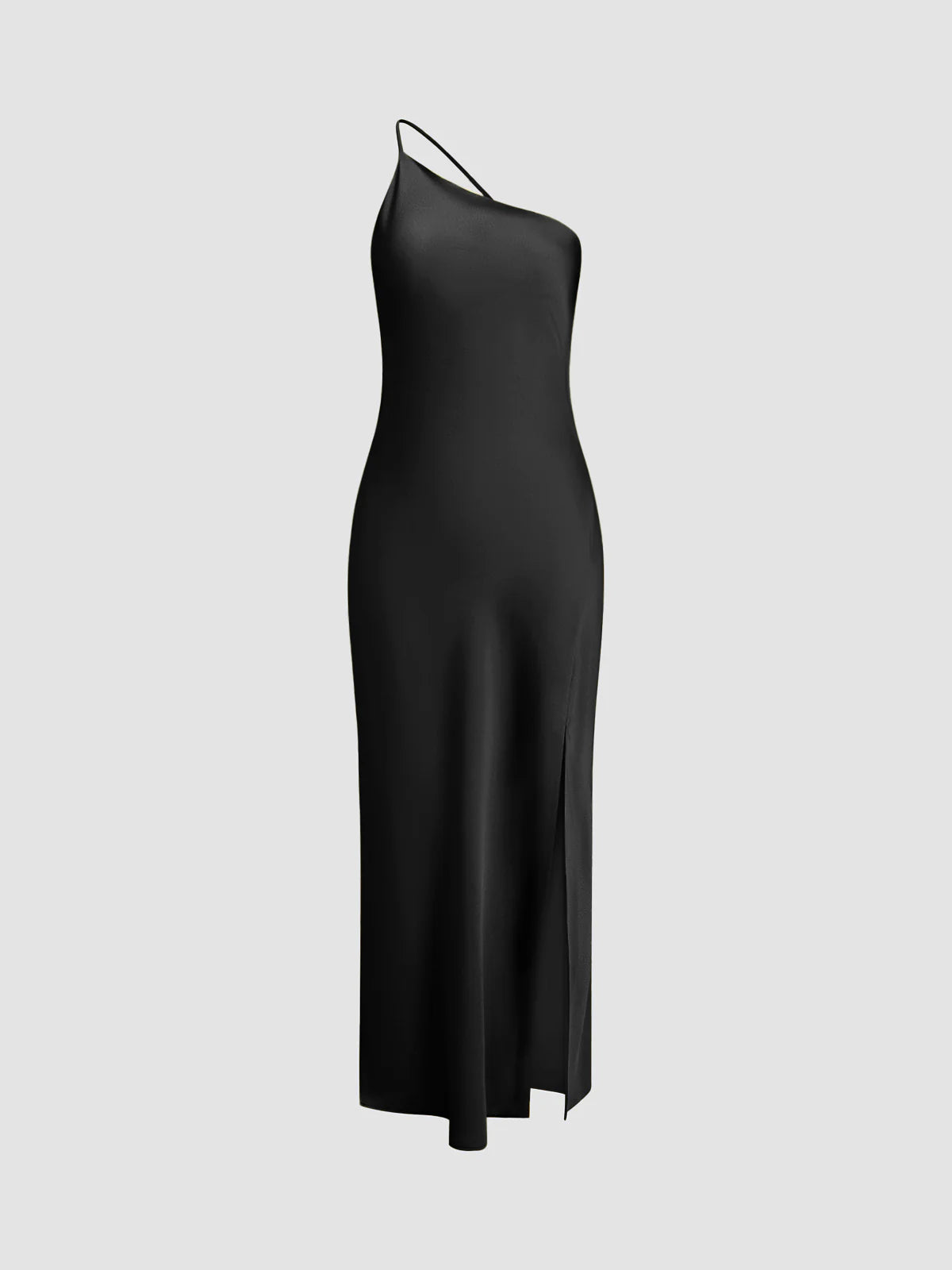 one-shoulder-slip-kleid-frontansicht-fließende-silhouette-hoher-beinschlitz