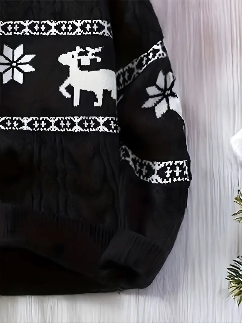 Ein-schwarzer-Pullover-mit-weißen-Rentier-und-Schneeflocken-Mustern,-perfekt-für-die-Winter-und-Weihnachtssaison