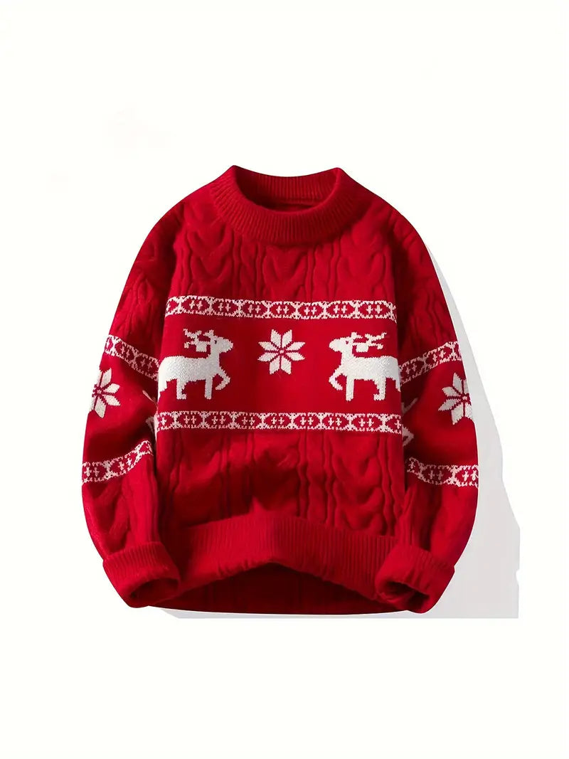 Ein-schwarzer-Pullover-mit-weißen-Rentier-und-Schneeflocken-Mustern,-perfekt-für-die-Winter-und-Weihnachtssaison