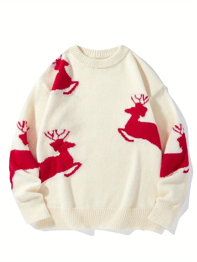 Ein-cremefarbener-Pullover-mit-roten-Rentieren,-ideal-für-die-festliche-Saison.
