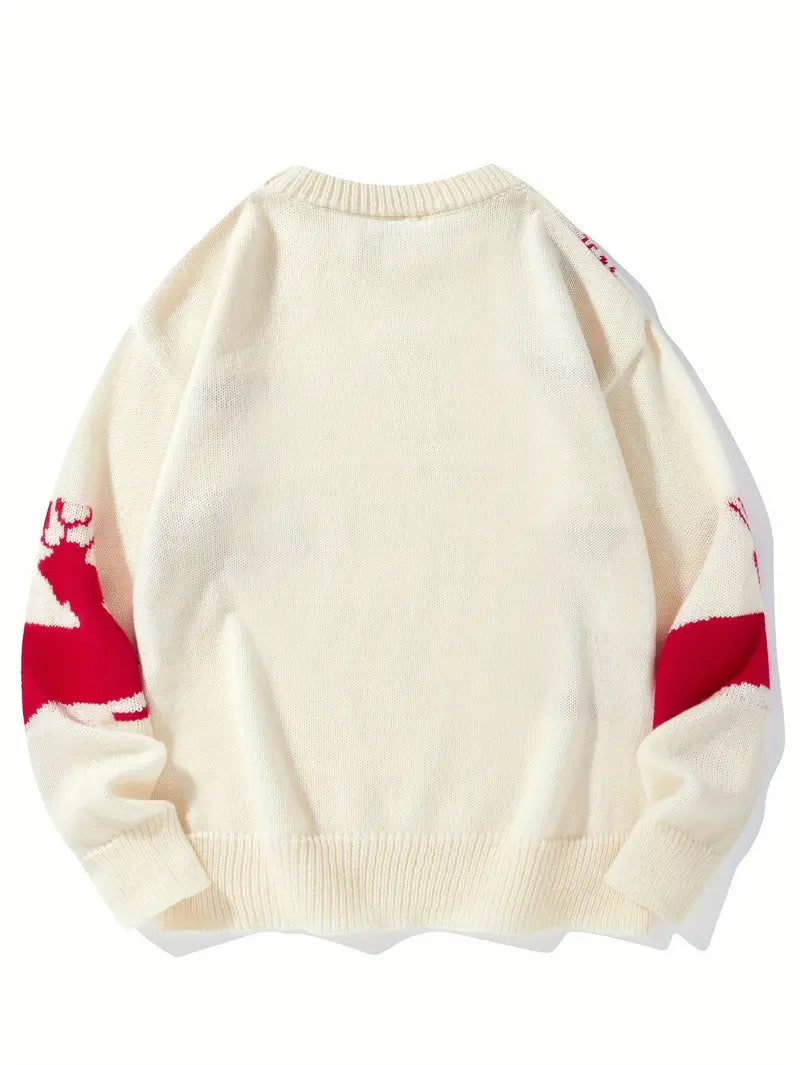 Ein-cremefarbener-Pullover-mit-roten-Rentieren,-ideal-für-die-festliche-Saison.