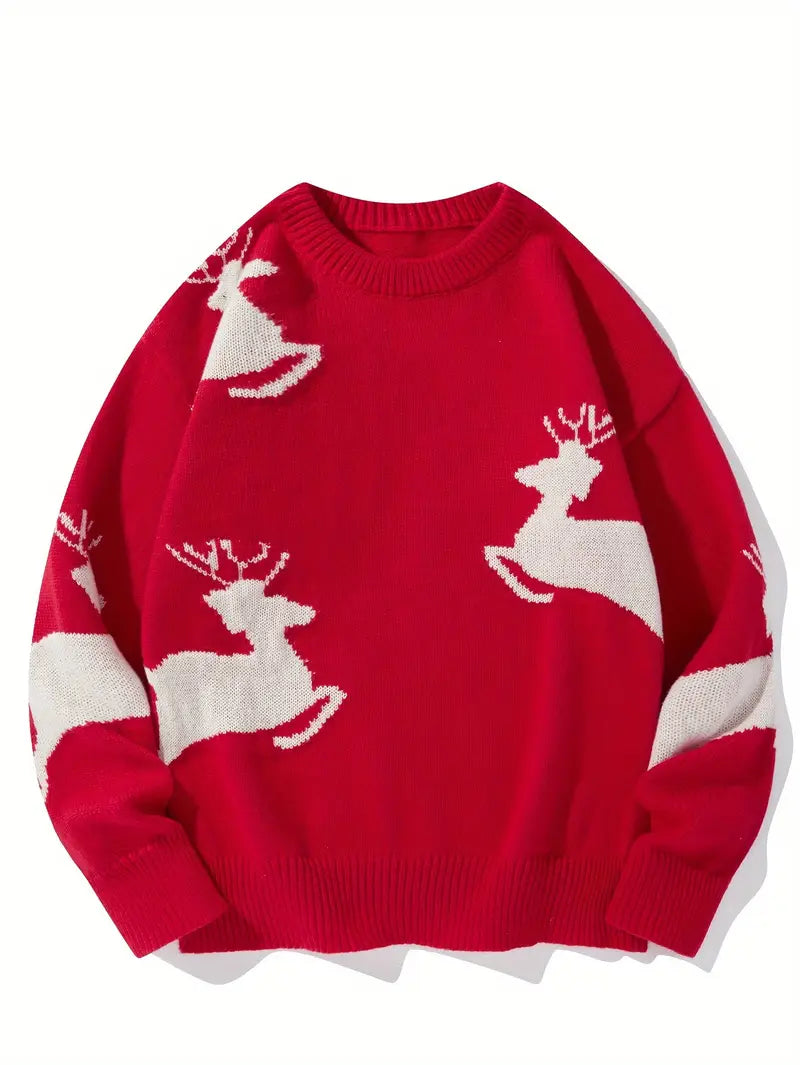 Ein-cremefarbener-Pullover-mit-roten-Rentieren,-ideal-für-die-festliche-Saison.