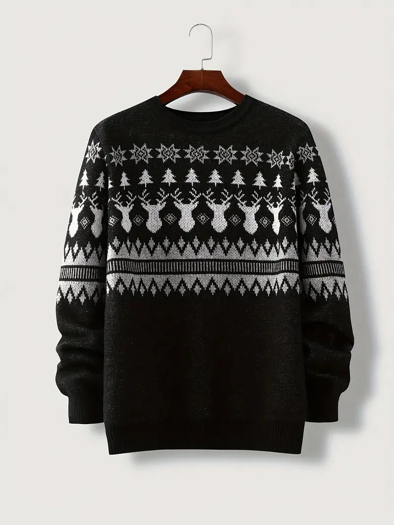 Ein-schwarzer-Strickpullover-mit-weißen-Rentier,-Schneeflocken-und-Weihnachtsbaum-Mustern,-ideal-für-die-festliche-Jahreszeit