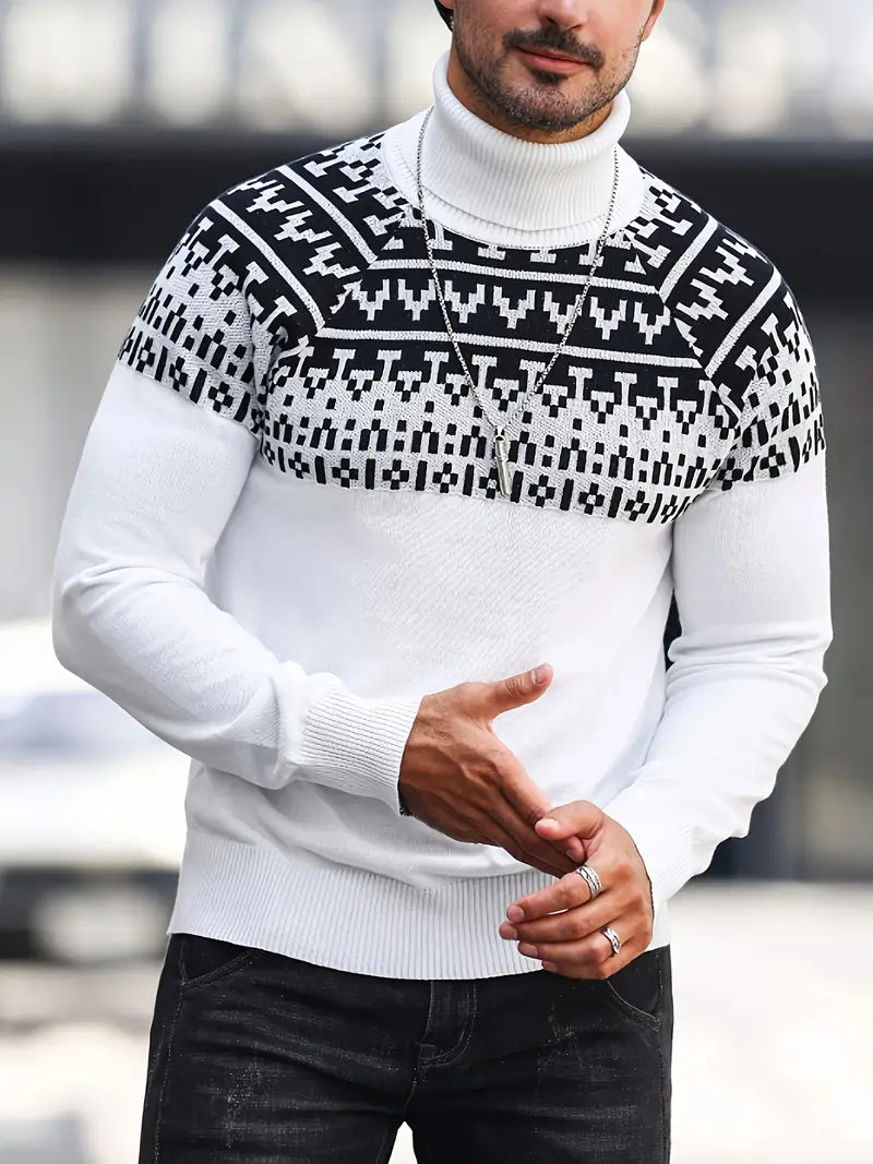 Ein-Rollkragenpullover-mit-schwarzem-nordischem-Muster-im-traditionellen-Stil.