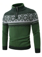Ein-grüner-Strickpullover-mit-nordischem-Muster-und-Reißverschluss,-ideal-für-eine-gemütliche-Wintergarderobe