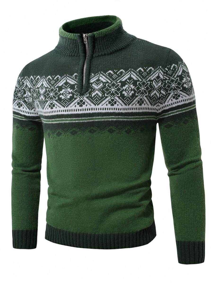 Ein-grüner-Strickpullover-mit-nordischem-Muster-und-Reißverschluss,-ideal-für-eine-gemütliche-Wintergarderobe