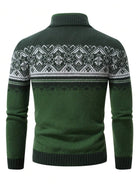 Ein-grüner-Strickpullover-mit-nordischem-Muster-und-Reißverschluss,-ideal-für-eine-gemütliche-Wintergarderobe
