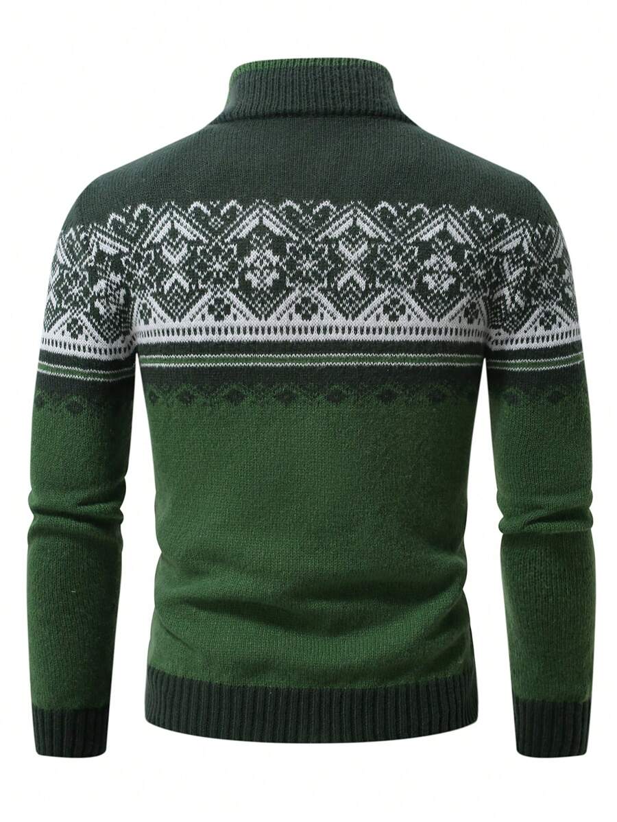 Ein-grüner-Strickpullover-mit-nordischem-Muster-und-Reißverschluss,-ideal-für-eine-gemütliche-Wintergarderobe