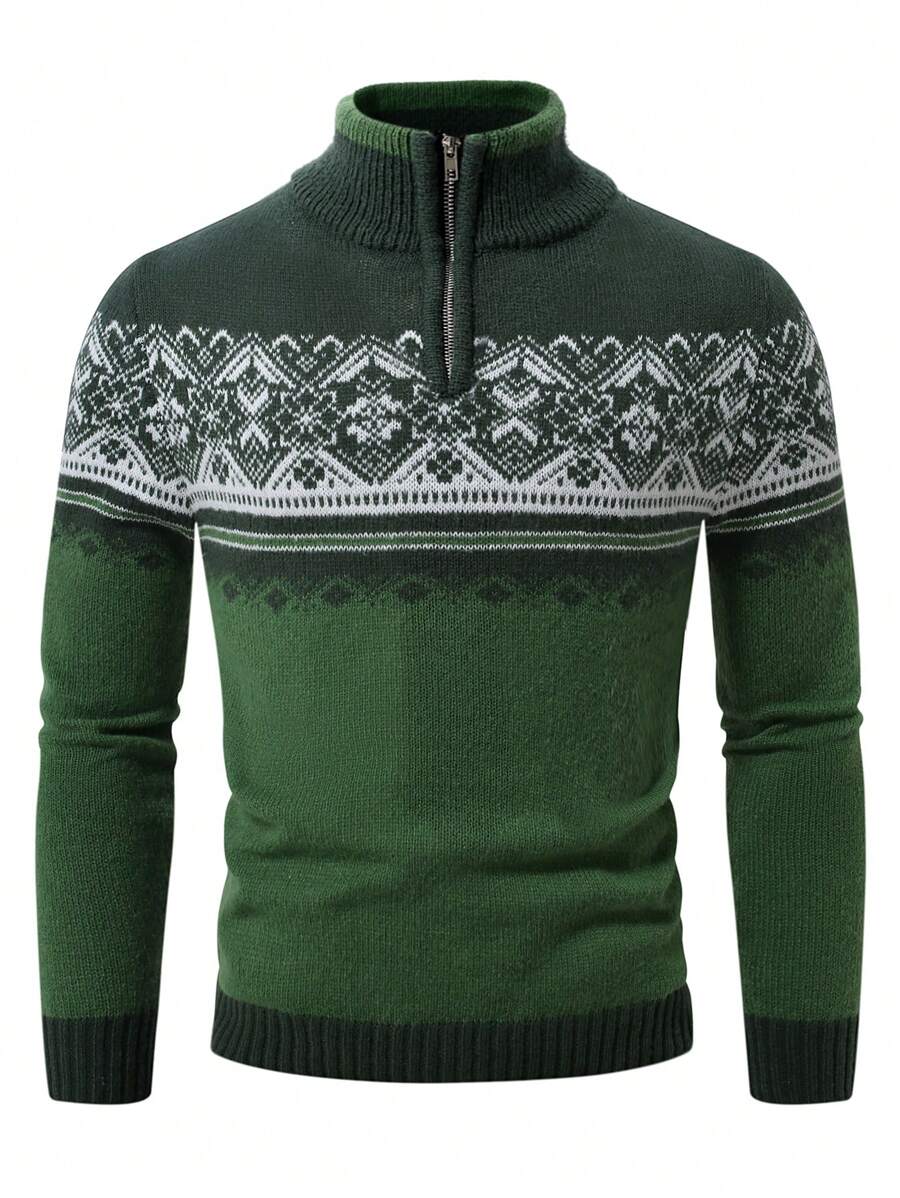 Ein-grüner-Strickpullover-mit-nordischem-Muster-und-Reißverschluss,-ideal-für-eine-gemütliche-Wintergarderobe