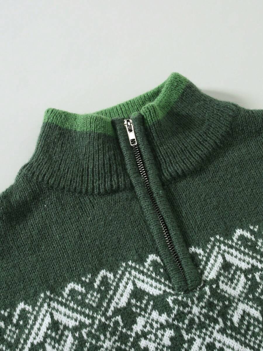 Ein-grüner-Strickpullover-mit-nordischem-Muster-und-Reißverschluss,-ideal-für-eine-gemütliche-Wintergarderobe