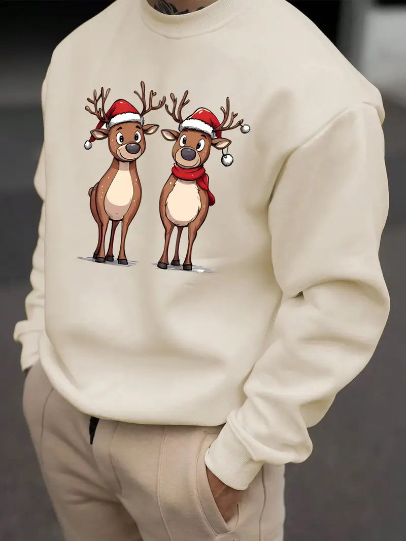 Ein-Pullover-mit-zwei-lustigen-Rentieren-in-Weihnachtsmützen-und-Schal.