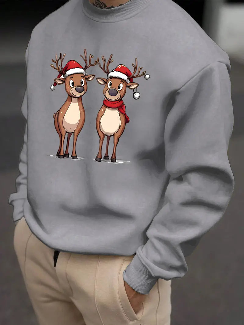 Ein-Pullover-mit-zwei-lustigen-Rentieren-in-Weihnachtsmützen-und-Schal.