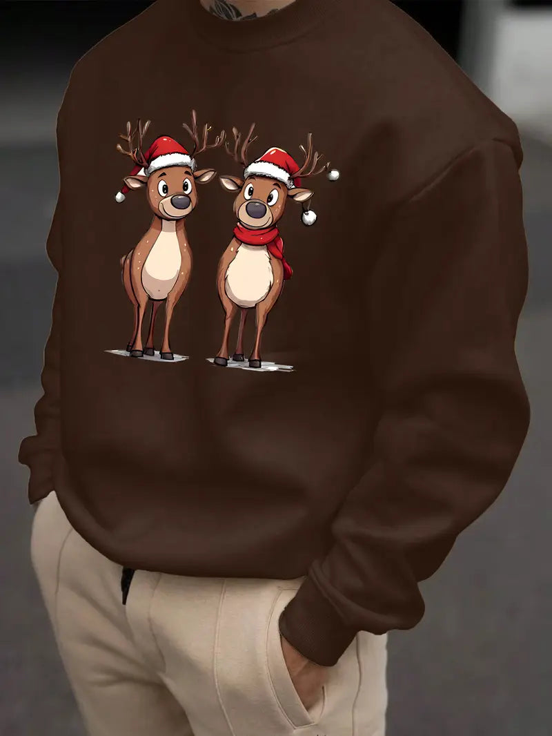 Ein-Pullover-mit-zwei-lustigen-Rentieren-in-Weihnachtsmützen-und-Schal.