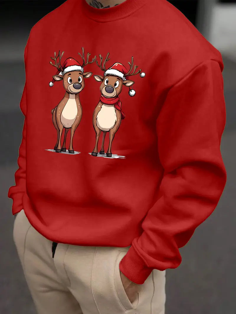 Ein-Pullover-mit-zwei-lustigen-Rentieren-in-Weihnachtsmützen-und-Schal.