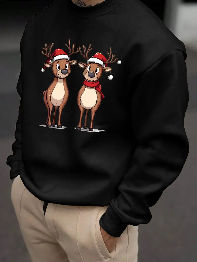 Ein-Pullover-mit-zwei-lustigen-Rentieren-in-Weihnachtsmützen-und-Schal.