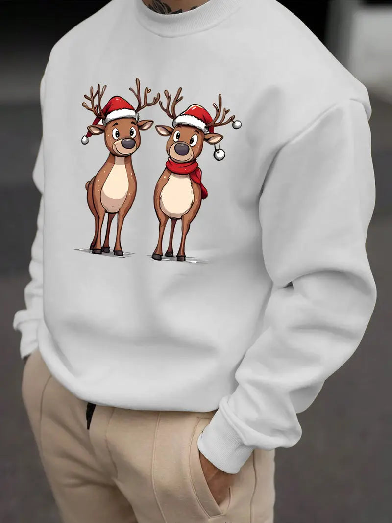 Ein-Pullover-mit-zwei-lustigen-Rentieren-in-Weihnachtsmützen-und-Schal.