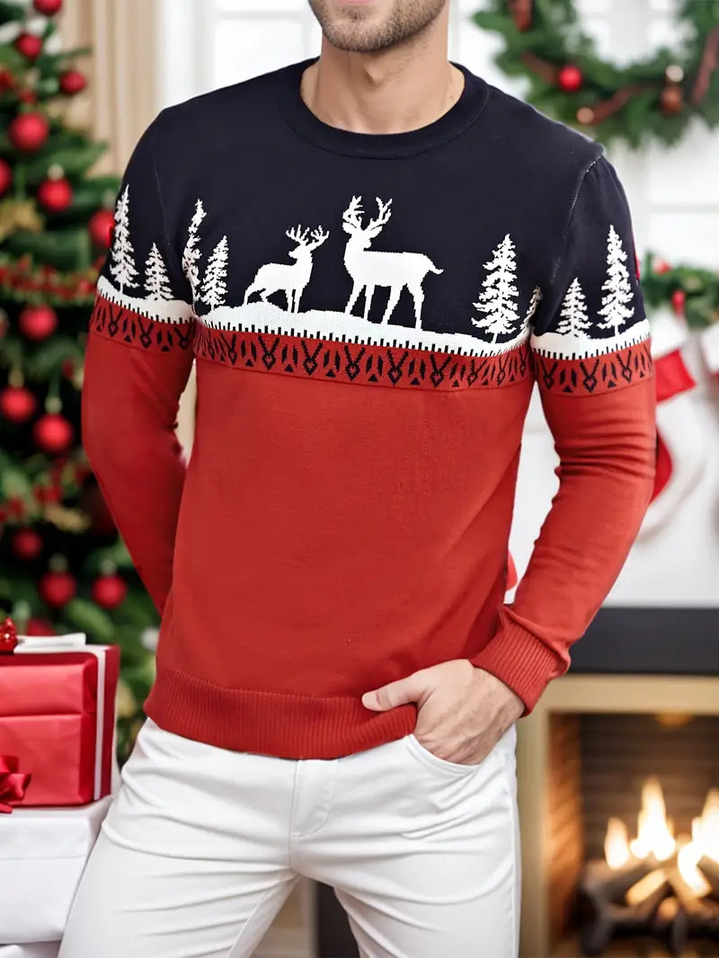 Ein-roter-und-blauer-Pullover-mit-weißen-Rentier-und-Tannenbaum-Mustern,-perfekt-für-festliche-Weihnachtsfeiern
