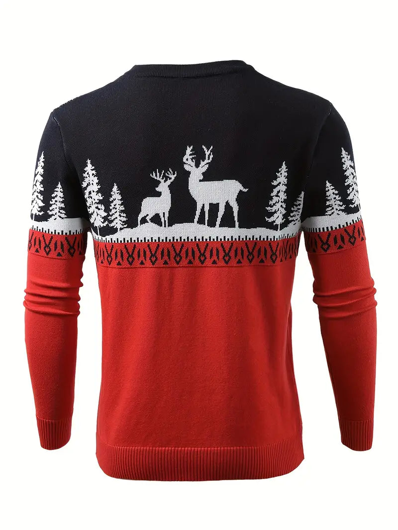 Ein-roter-und-blauer-Pullover-mit-weißen-Rentier-und-Tannenbaum-Mustern,-perfekt-für-festliche-Weihnachtsfeiern