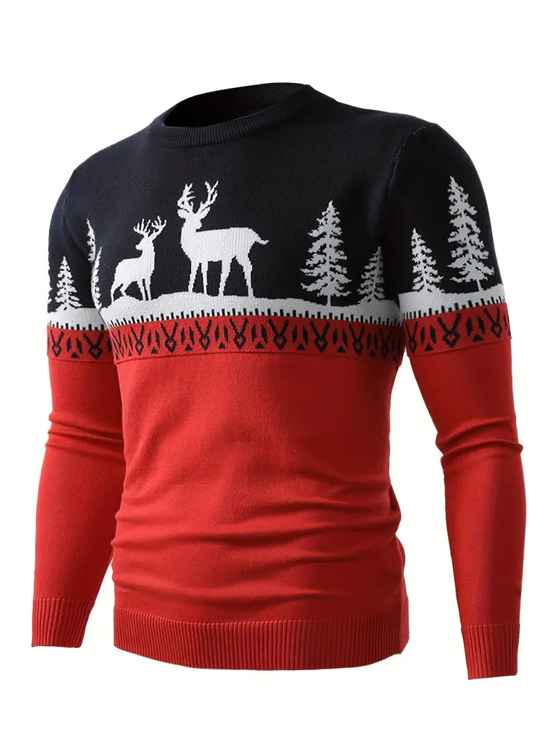Ein-roter-und-blauer-Pullover-mit-weißen-Rentier-und-Tannenbaum-Mustern,-perfekt-für-festliche-Weihnachtsfeiern