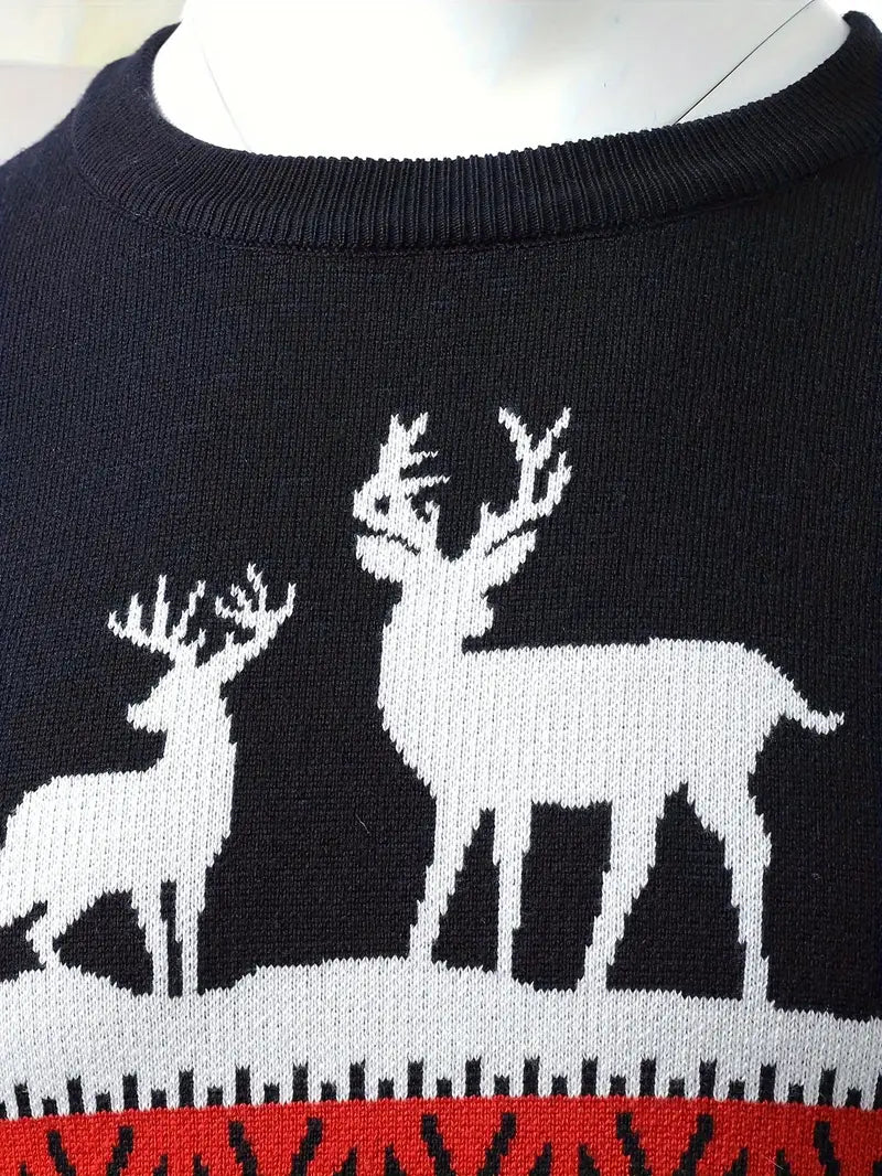 Ein-roter-und-blauer-Pullover-mit-weißen-Rentier-und-Tannenbaum-Mustern,-perfekt-für-festliche-Weihnachtsfeiern