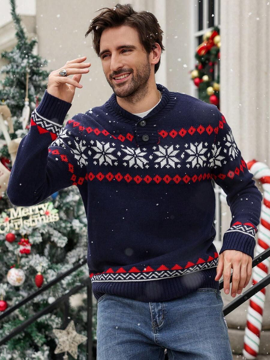 Ein-dunkelblauer-Strickpullover-mit-rotem-und-weißem-Schneeflocken-und-Rauten-Muster,-perfekt-für-festliche-Wintertage