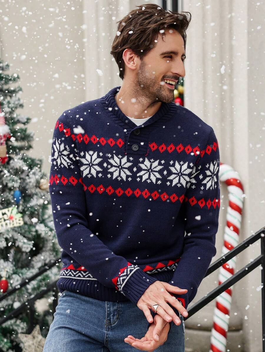 Ein-dunkelblauer-Strickpullover-mit-rotem-und-weißem-Schneeflocken-und-Rauten-Muster,-perfekt-für-festliche-Wintertage