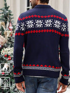 Ein-dunkelblauer-Strickpullover-mit-rotem-und-weißem-Schneeflocken-und-Rauten-Muster,-perfekt-für-festliche-Wintertage