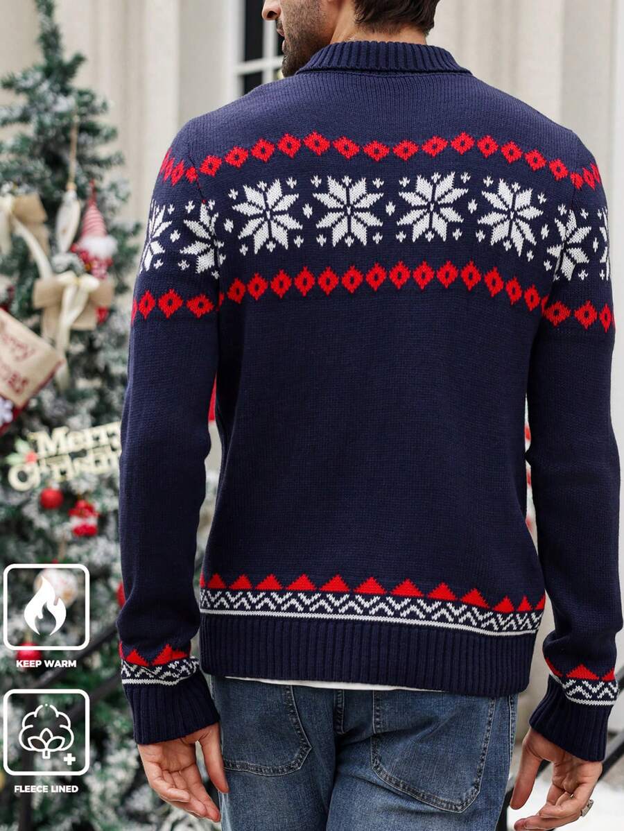 Ein-dunkelblauer-Strickpullover-mit-rotem-und-weißem-Schneeflocken-und-Rauten-Muster,-perfekt-für-festliche-Wintertage