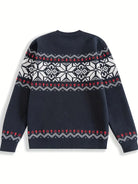 Ein-dunkelblauer-Pullover-mit-roten-und-weißen-Schneeflocken-und-moderner-Musterung.