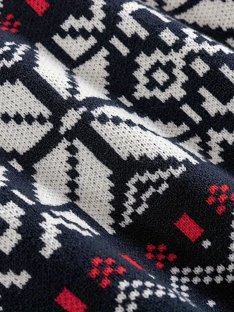 Ein-dunkelblauer-Pullover-mit-roten-und-weißen-Schneeflocken-und-moderner-Musterung.