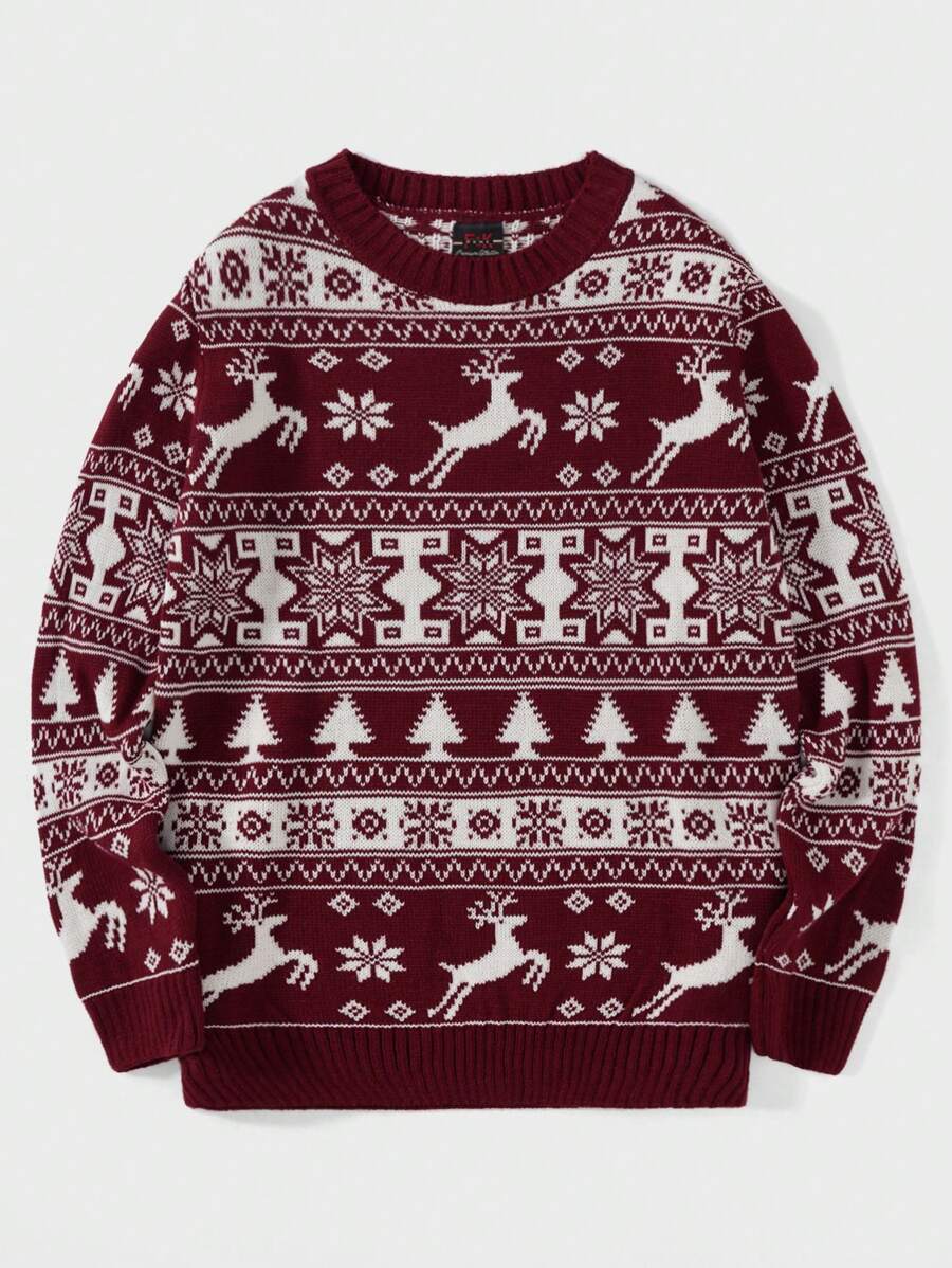 Ein-grüner-Strickpullover-mit-weißen-Rentier,-Schneeflocken-und-Weihnachtsbaum-Mustern,-perfekt-für-die-festliche-Saison