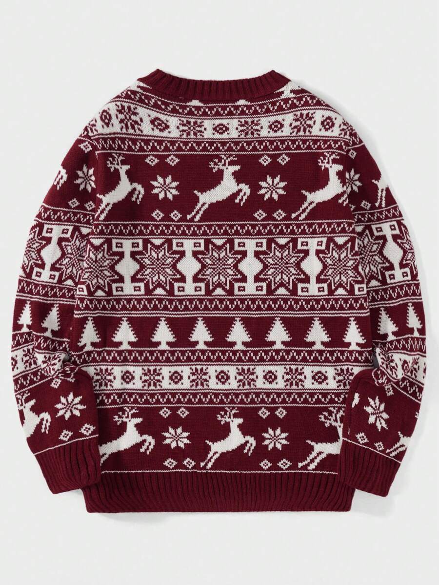 Ein-grüner-Strickpullover-mit-weißen-Rentier,-Schneeflocken-und-Weihnachtsbaum-Mustern,-perfekt-für-die-festliche-Saison