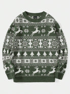 Ein-grüner-Strickpullover-mit-weißen-Rentier,-Schneeflocken-und-Weihnachtsbaum-Mustern,-perfekt-für-die-festliche-Saison
