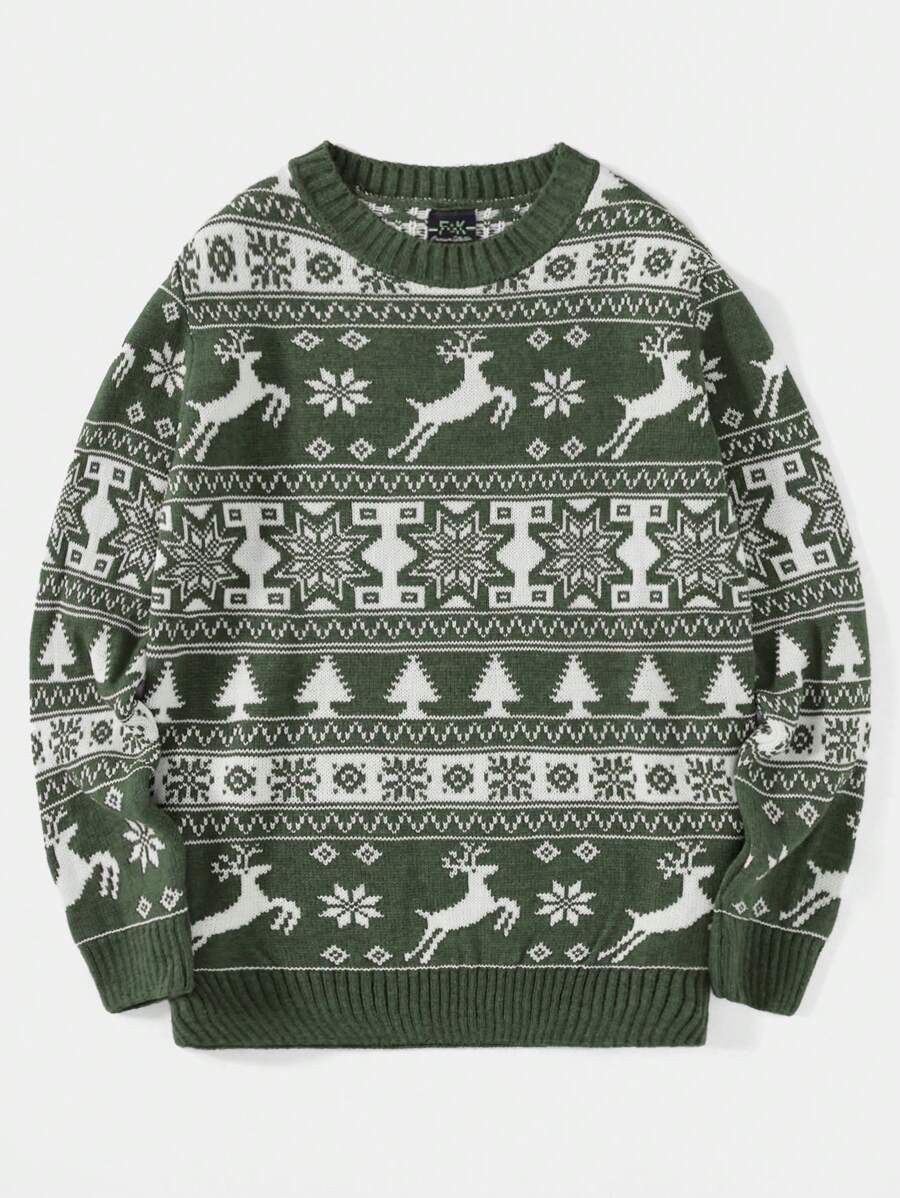 Ein-grüner-Strickpullover-mit-weißen-Rentier,-Schneeflocken-und-Weihnachtsbaum-Mustern,-perfekt-für-die-festliche-Saison
