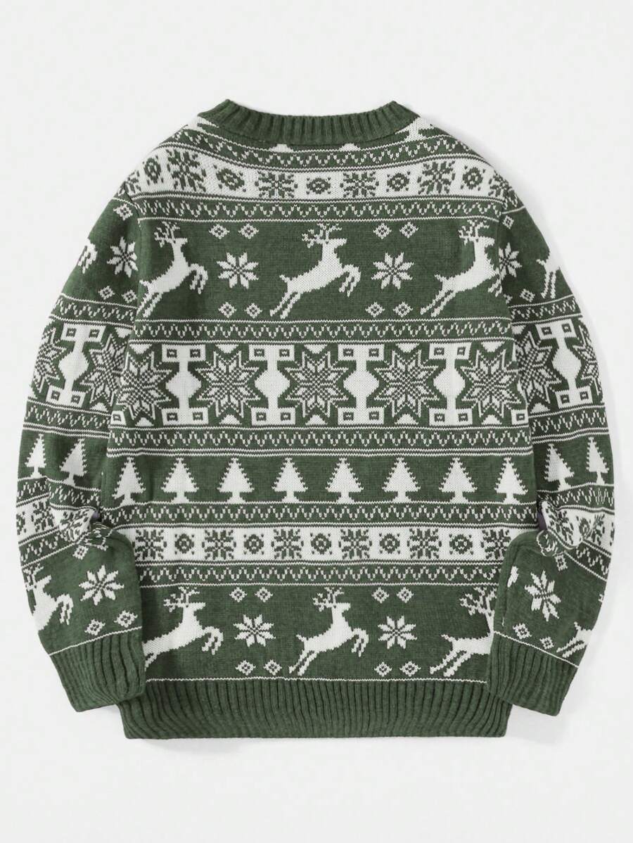 Ein-grüner-Strickpullover-mit-weißen-Rentier,-Schneeflocken-und-Weihnachtsbaum-Mustern,-perfekt-für-die-festliche-Saison